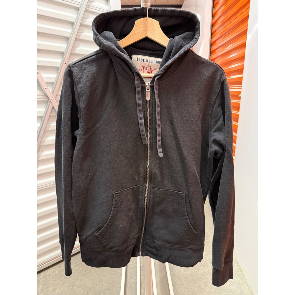 True Religion Mens Full Zip Hoodie M Black Gold Glitter Horseshoe Logo Size